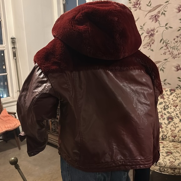 Coolest Trendy Hoodie Faux leather Fur Wine color Designer Jacket Snaps - Picture 8 of 16